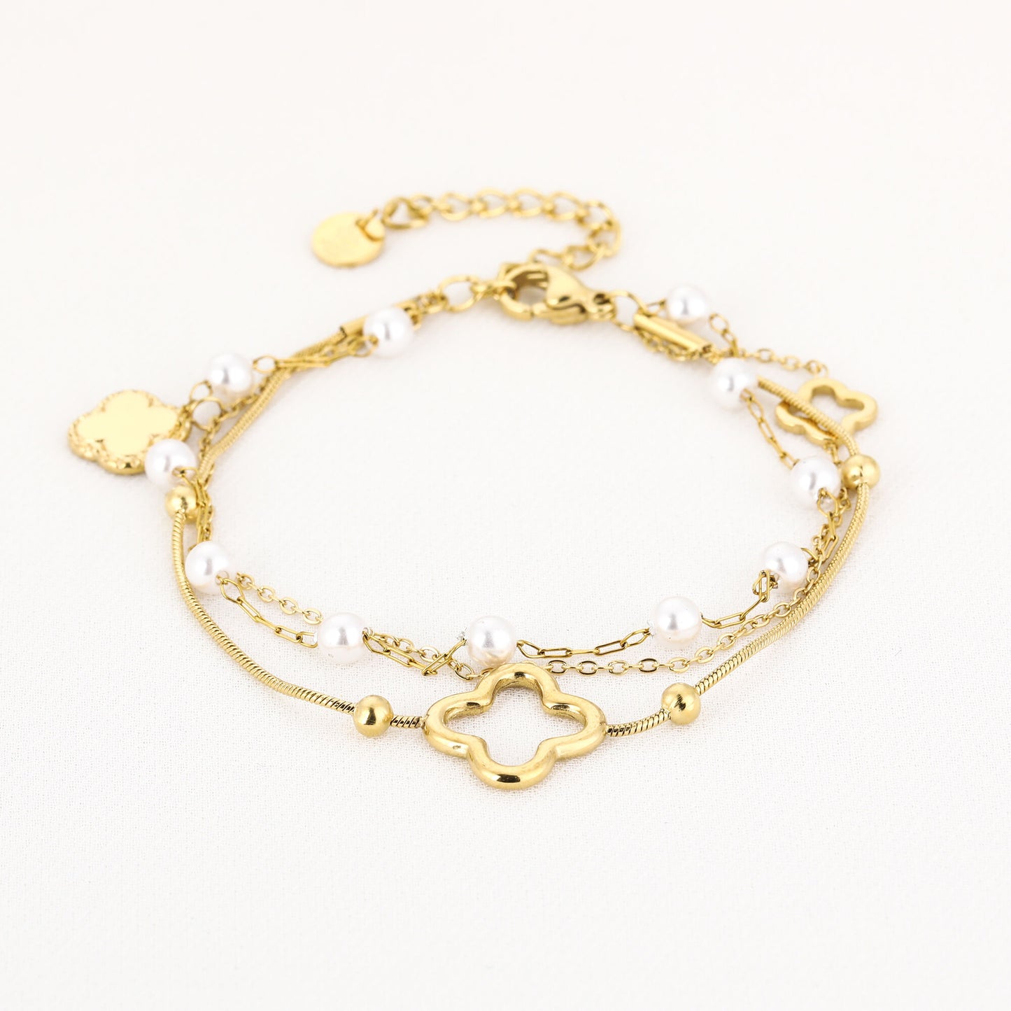 Multi Layer Armband met Parels en Klaver