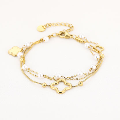 Multi Layer Armband met Parels en Klaver