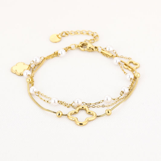 Multi Layer Armband met Parels en Klaver