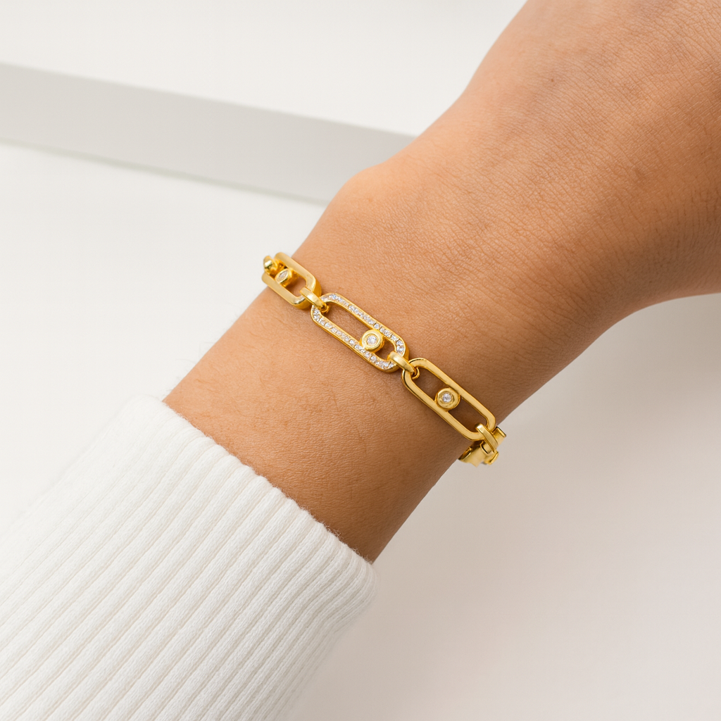 Luxe Goudkleurige Schakelarmband met Zirkonia